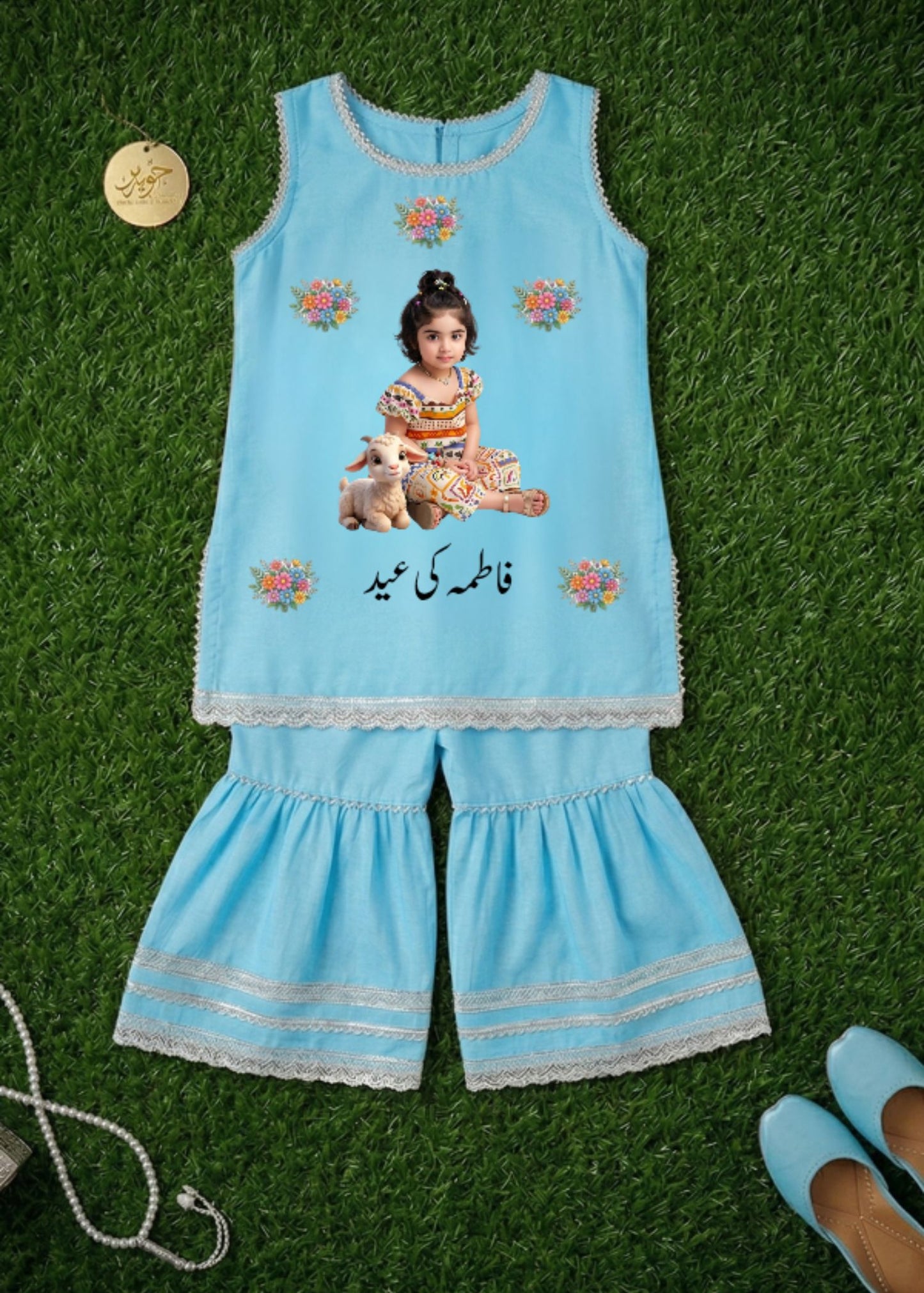 Girls' Sky Blue Personalized Traditional Dress for Eid al-Adha | Eid Mubarak dress