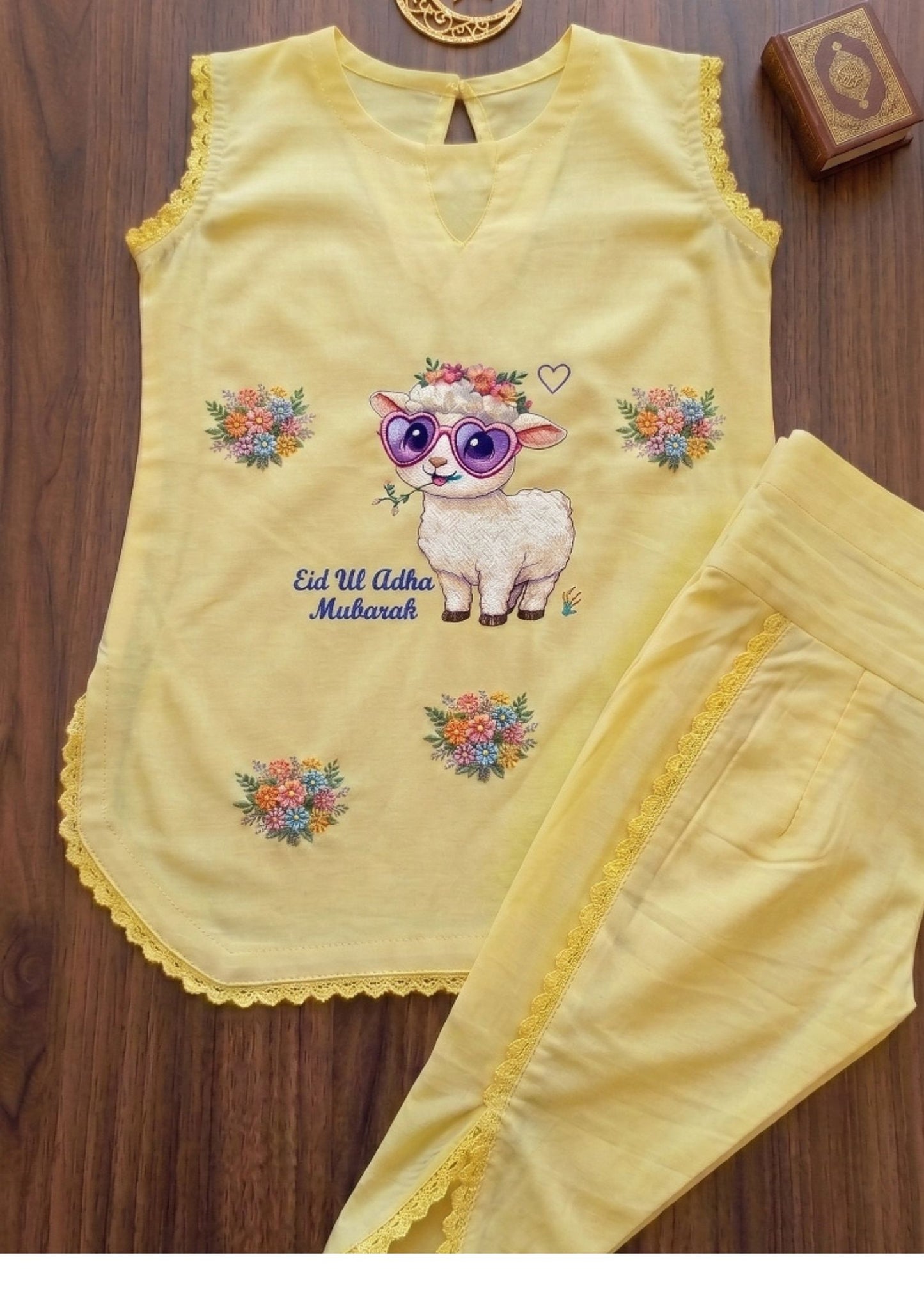 Girls Yellow Lawn Cotton Eid ul Adha Suit | Cute Sheep Print & Tulip Pants