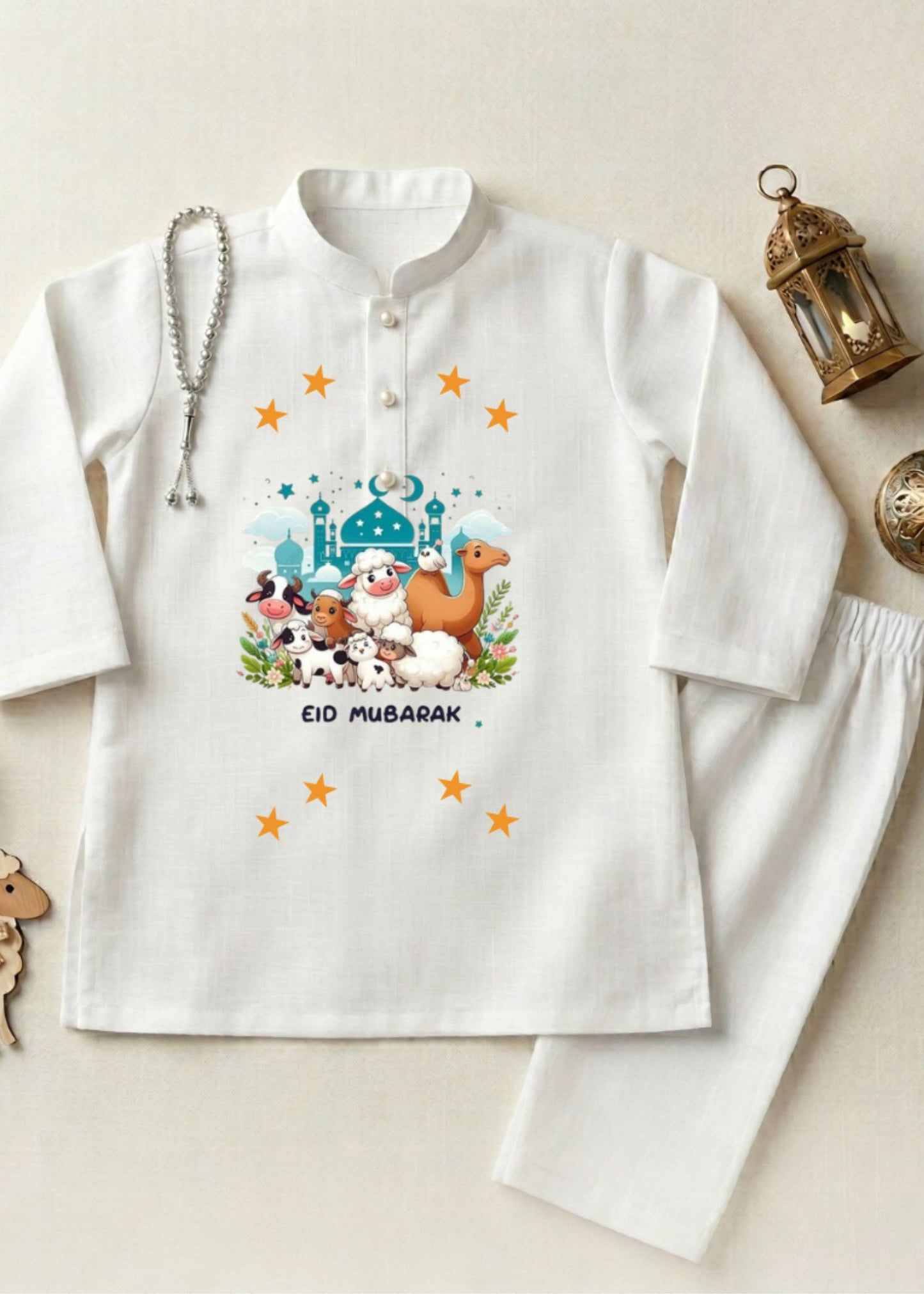 Boys Festive White Kurta Pajama | Bakra Eid Animal Print Outfit