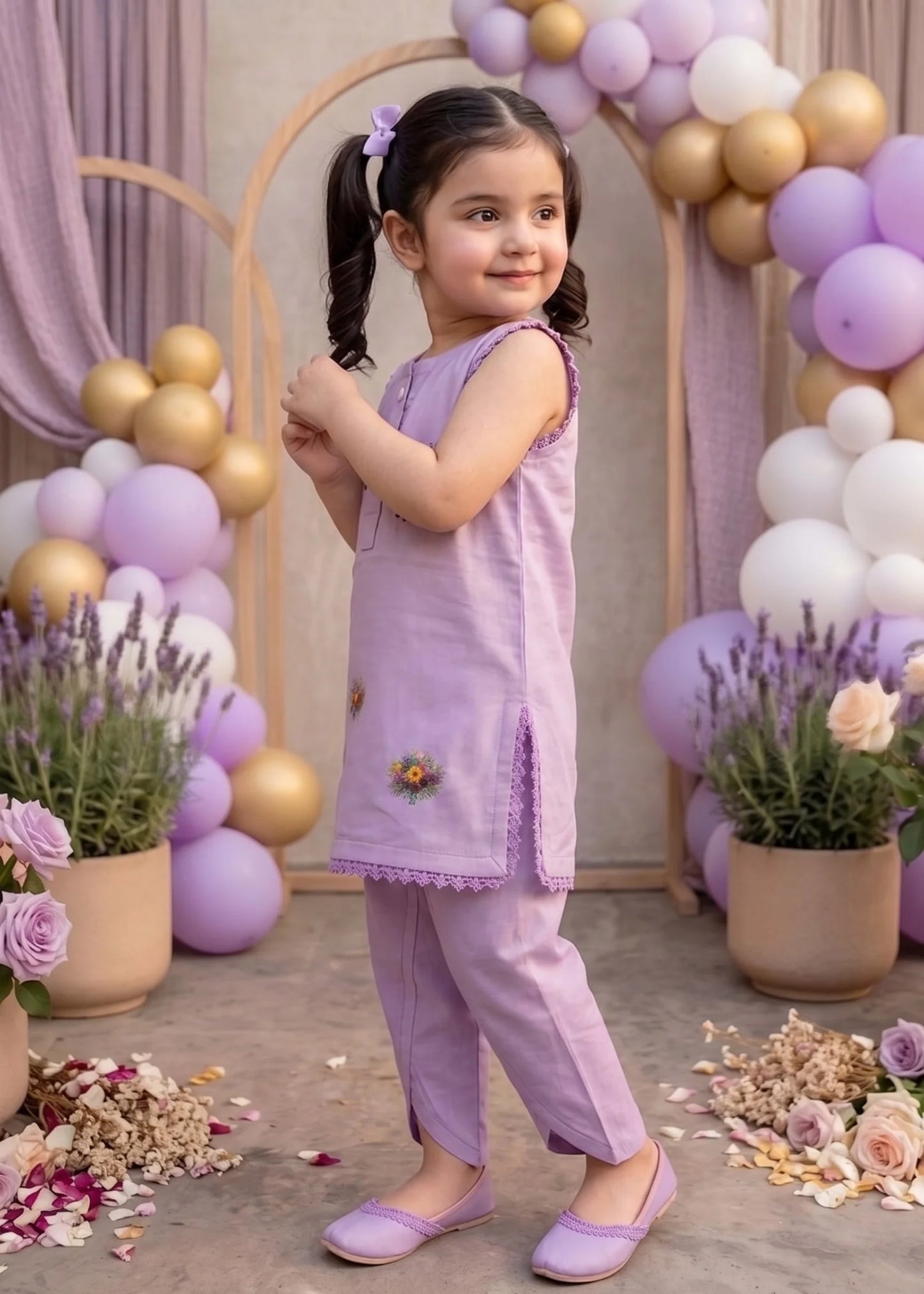 Adorable Purple Bakra Eid Dress for Girls | Floral Print & Tulip Shalwar