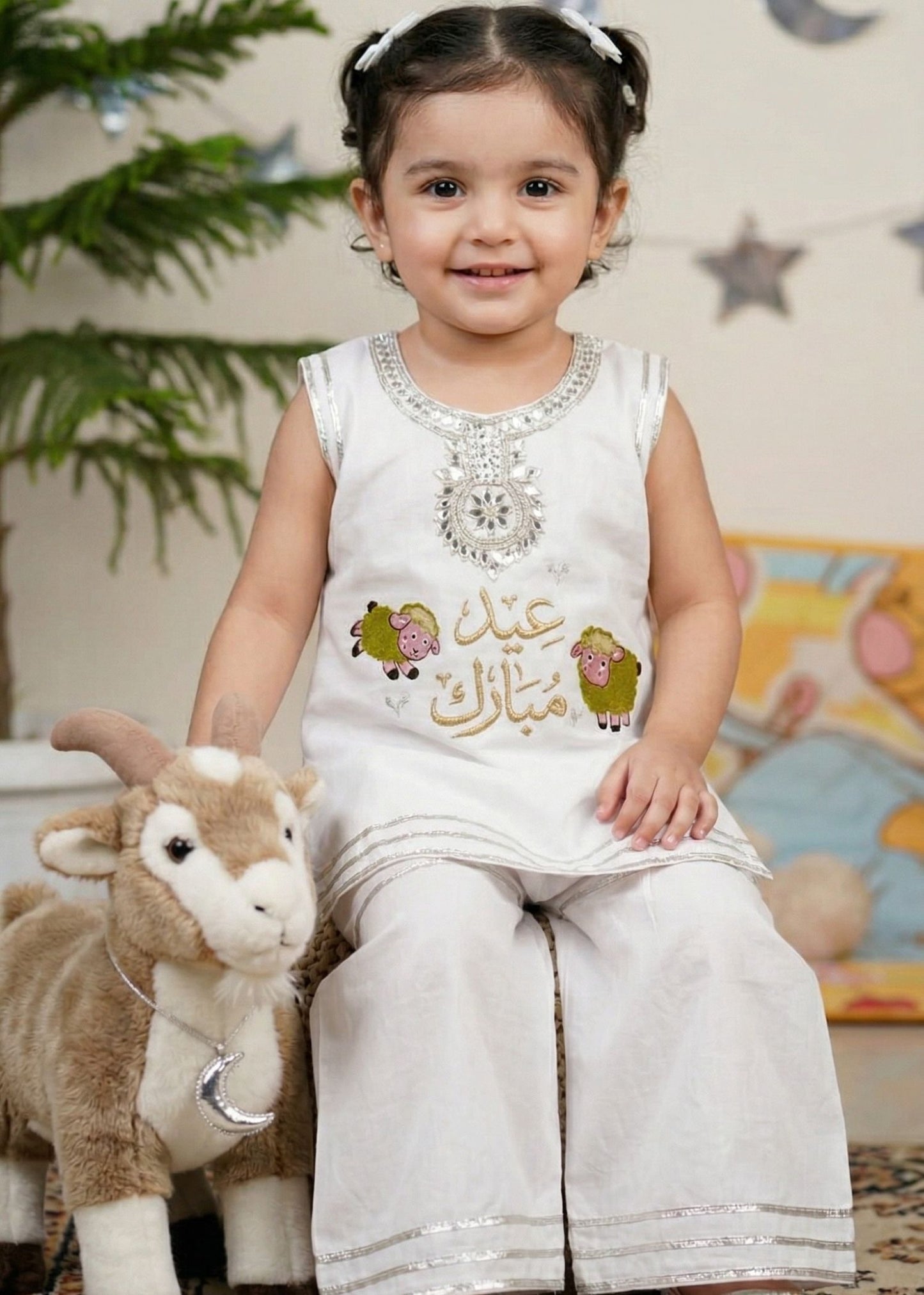 Elegant Pink Eid Mubarak Kids Suit with Silver Gotta Work
