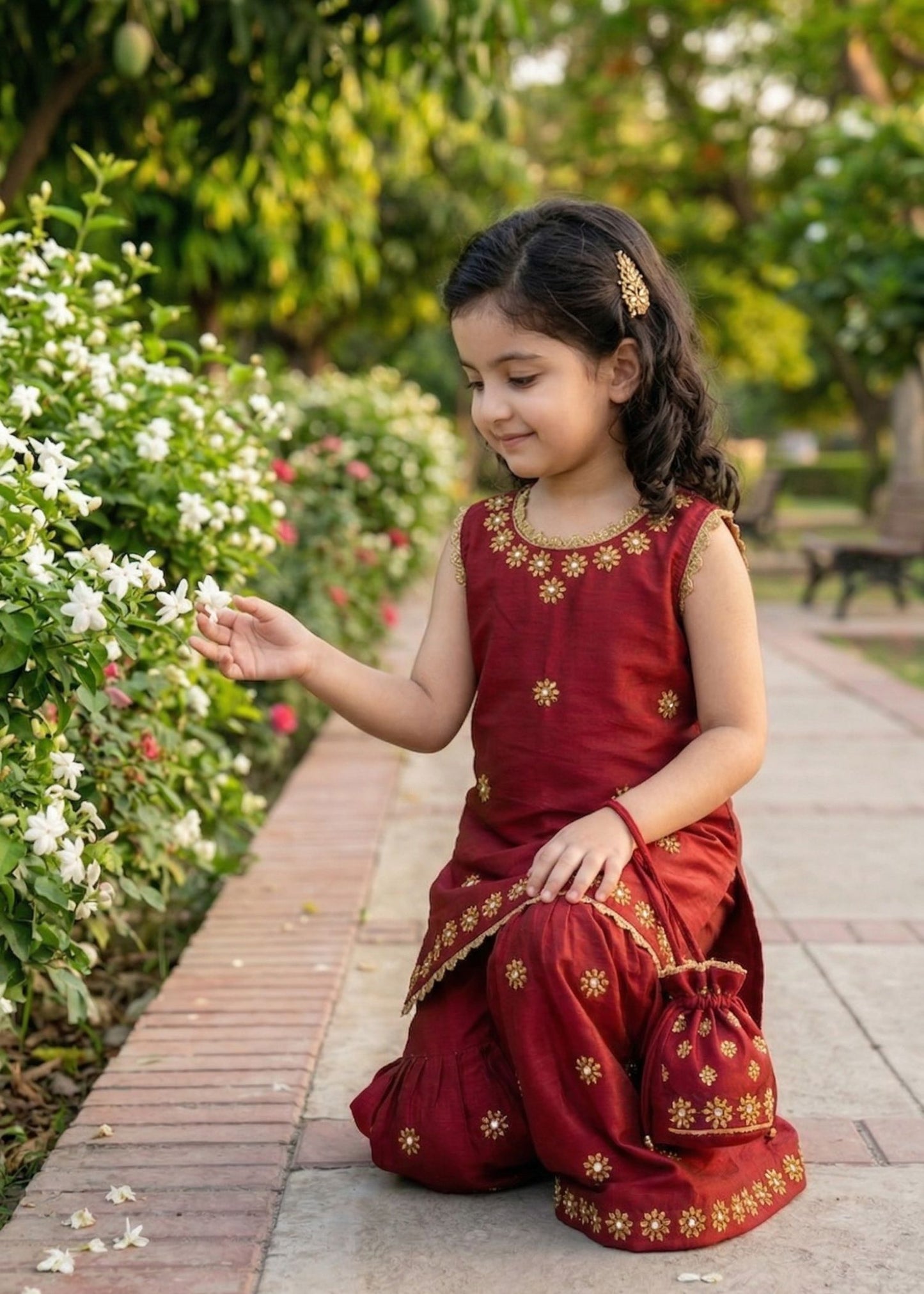 Girls Red Lawn Silk Garara Set with Gold Embroidery | Kids Festive Wear