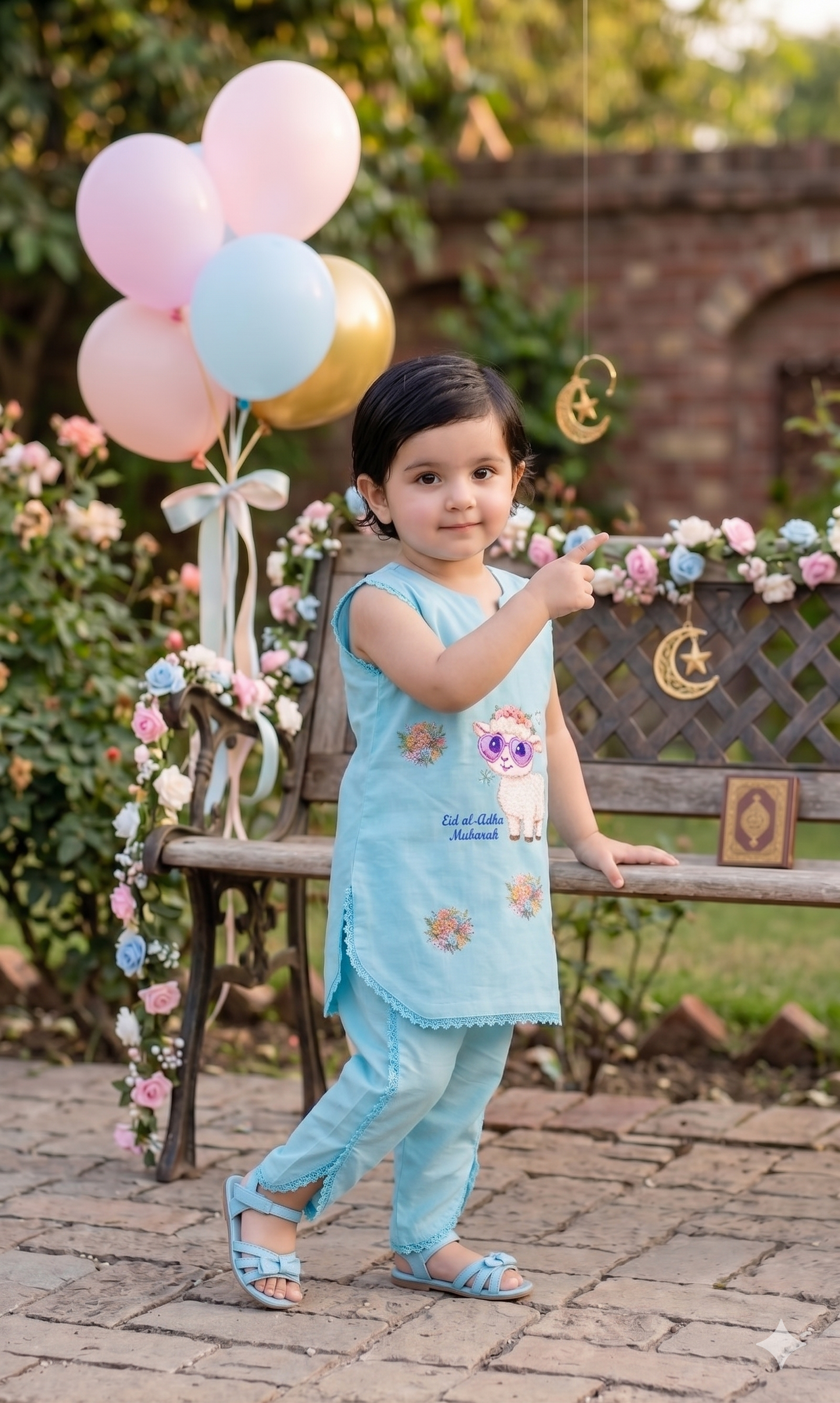 Girls sky blue Lawn Cotton Eid ul Adha Suit | Cute Sheep Print & Tulip Pants