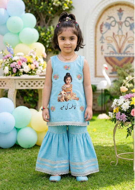 Girls' Sky Blue Personalized Traditional Dress for Eid al-Adha