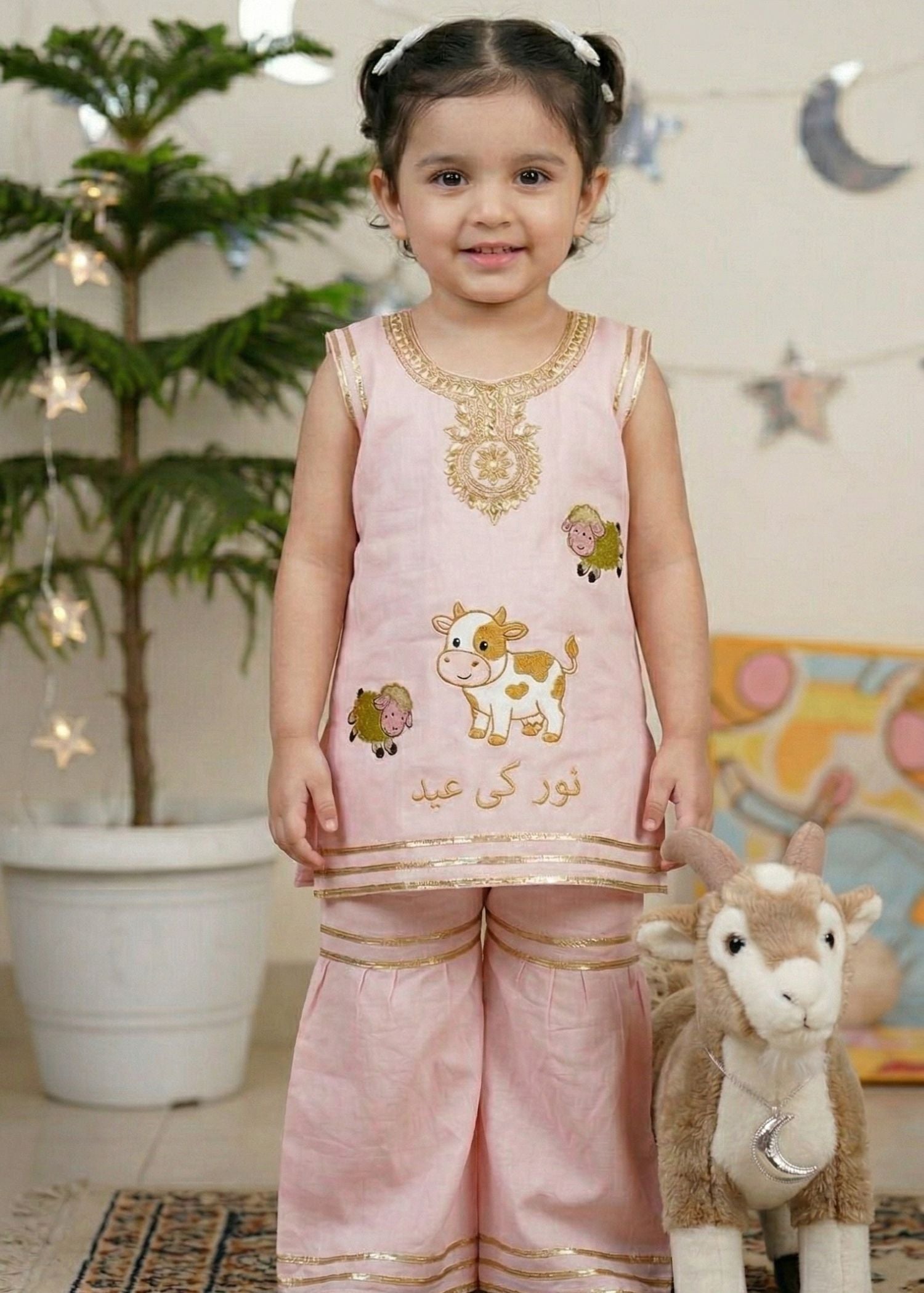 Elegant Pink Eid Mubarak Kids Suit with Silver Gotta Work