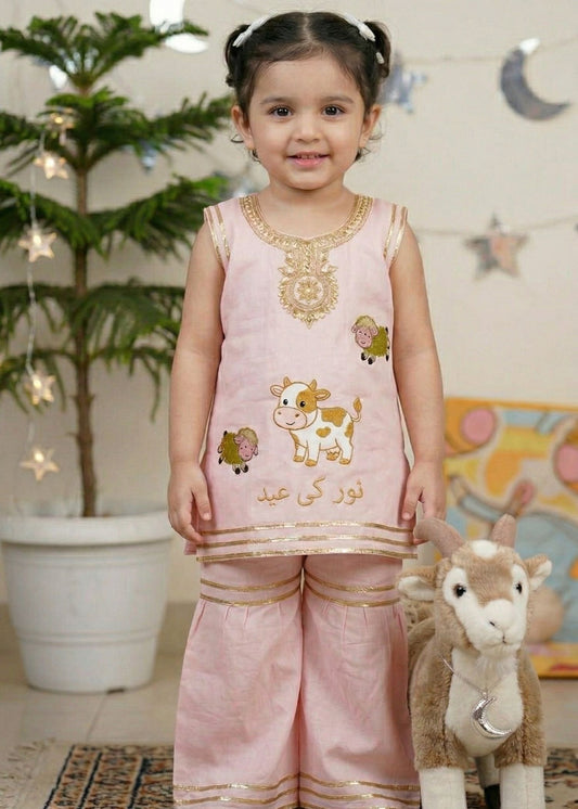 Elegant Pink Eid Mubarak Kids Suit with Silver Gotta Work