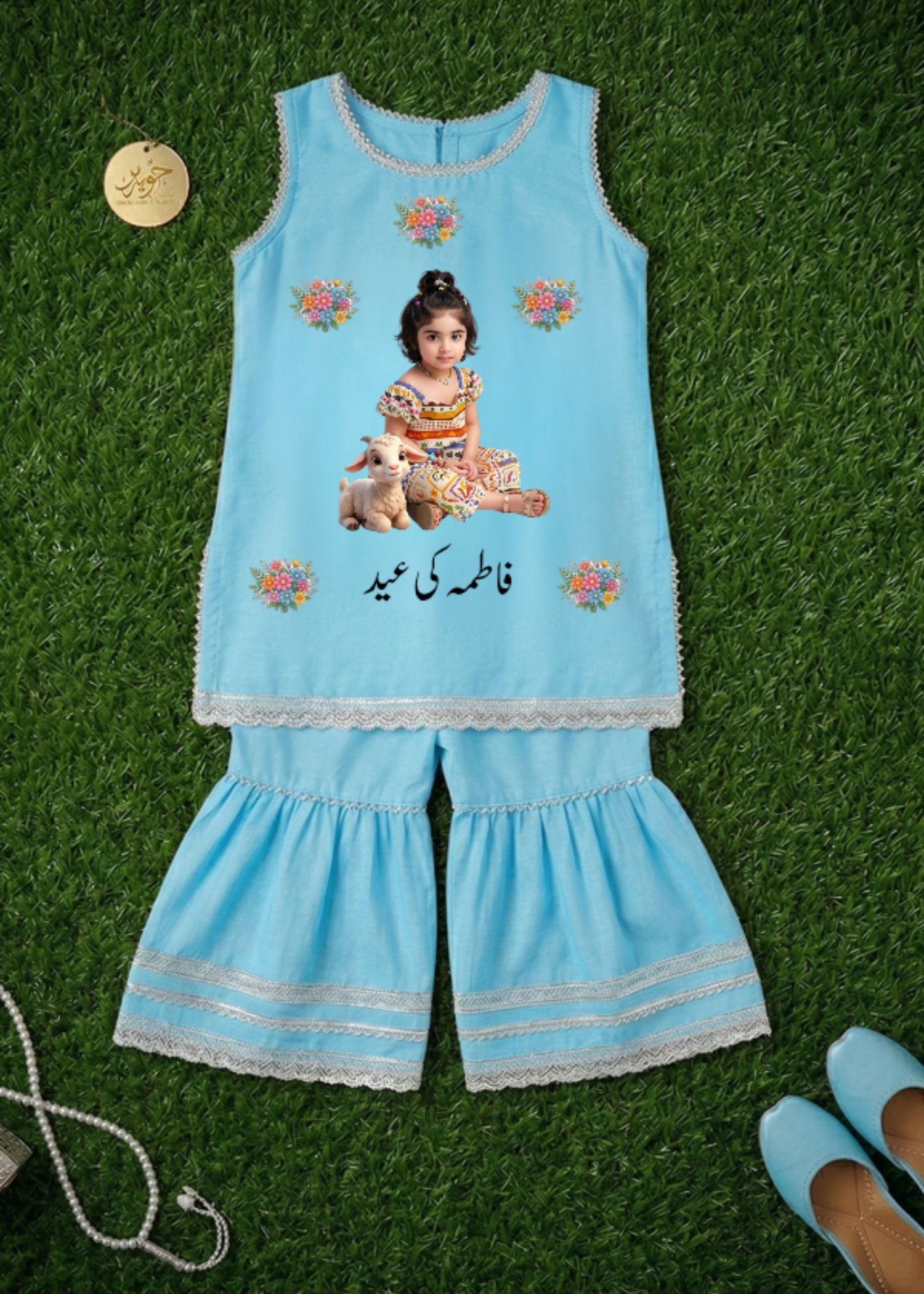 Girls' Sky Blue Personalized Traditional Dress for Eid al-Adha | Eid Mubarak dress