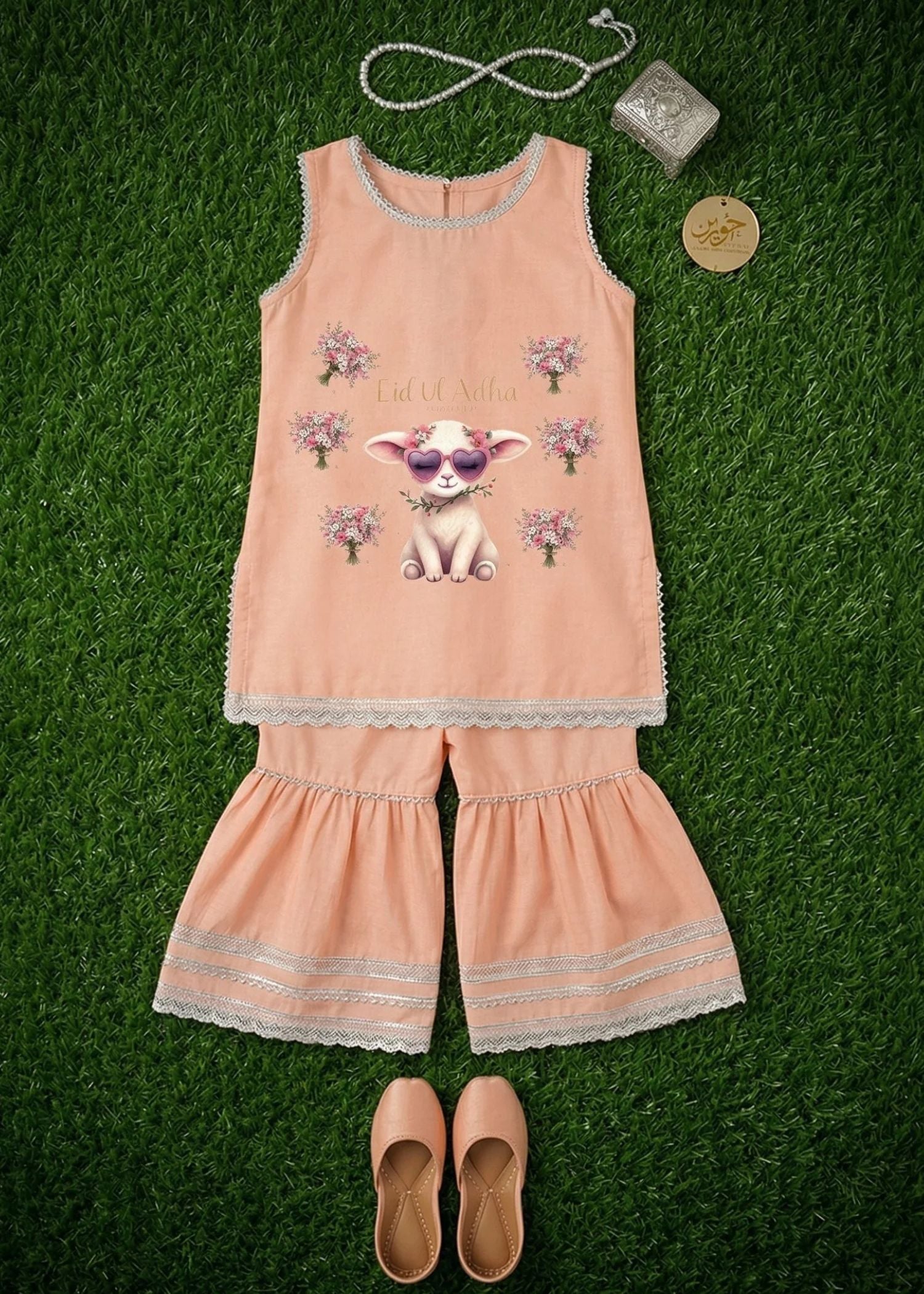 Adorable Eid ul Adha Outfit for Girls | peach Sleeveless Kameez Garara