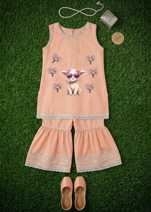 Adorable Eid ul Adha Outfit for Girls | peach Sleeveless Kameez Garara