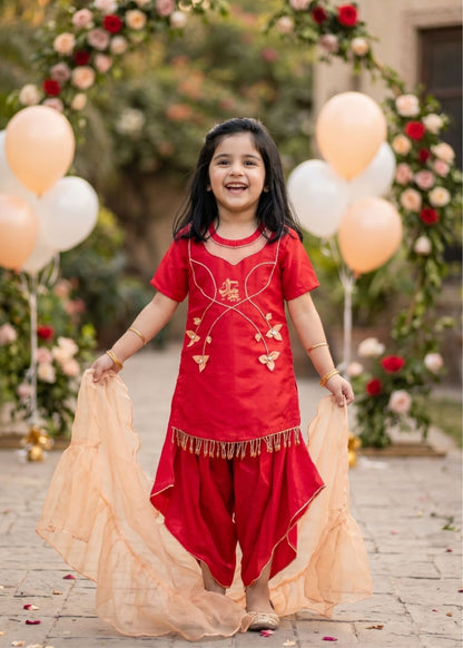 Elegant Red Party Wear for Girls | Lawn Silk Kurta & Draped Pants Set | Eid festive dress for girls