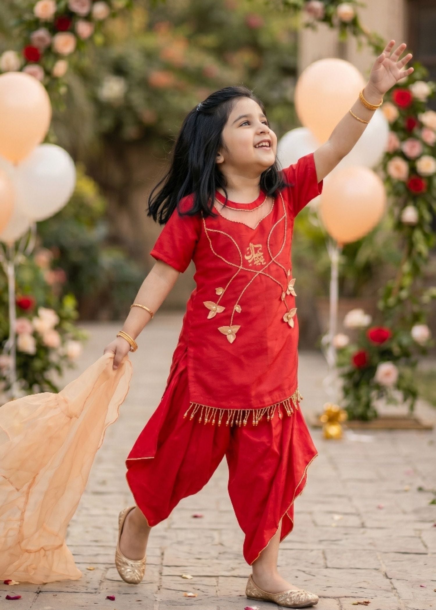 Elegant Red Party Wear for Girls | Lawn Silk Kurta & Draped Pants Set | Eid festive dress for girls