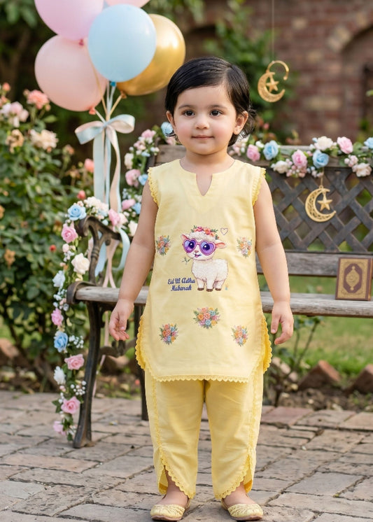 Girls Yellow Lawn Cotton Eid ul Adha Suit | Cute Sheep Print & Tulip Pants