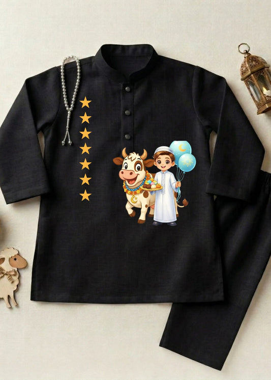 Boys Black Premium Cotton Kurta Pajama | Eid ul Adha Cow Print Suit
