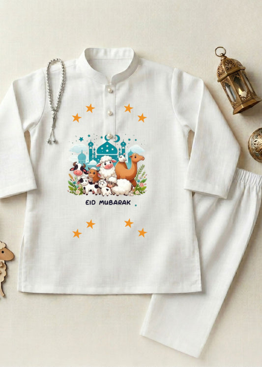 Boys Festive White Kurta Pajama | Bakra Eid Animal Print Outfit
