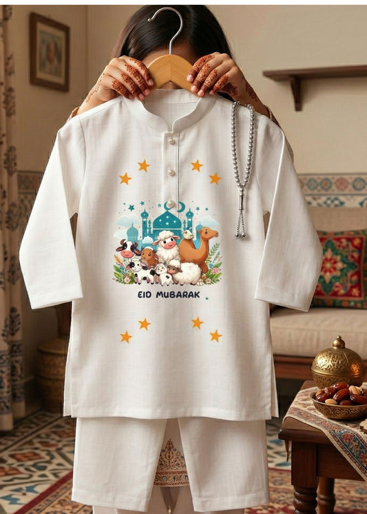 Boys Festive White Kurta Pajama | Bakra Eid Animal Print Outfit eid ul adha