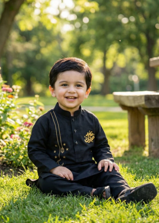 Boys Black Premium Cotton Kurta Pajama | Gold bakra Eid festive eid Mubarak