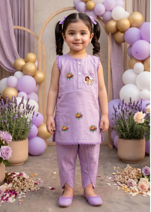 Adorable Purple Bakra Eid Dress for Girls | Floral Print & Tulip Shalwar