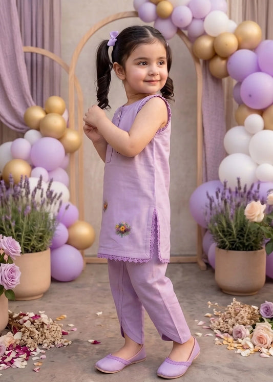 Adorable Purple Bakra Eid Dress for Girls | Floral Print & Tulip Shalwar