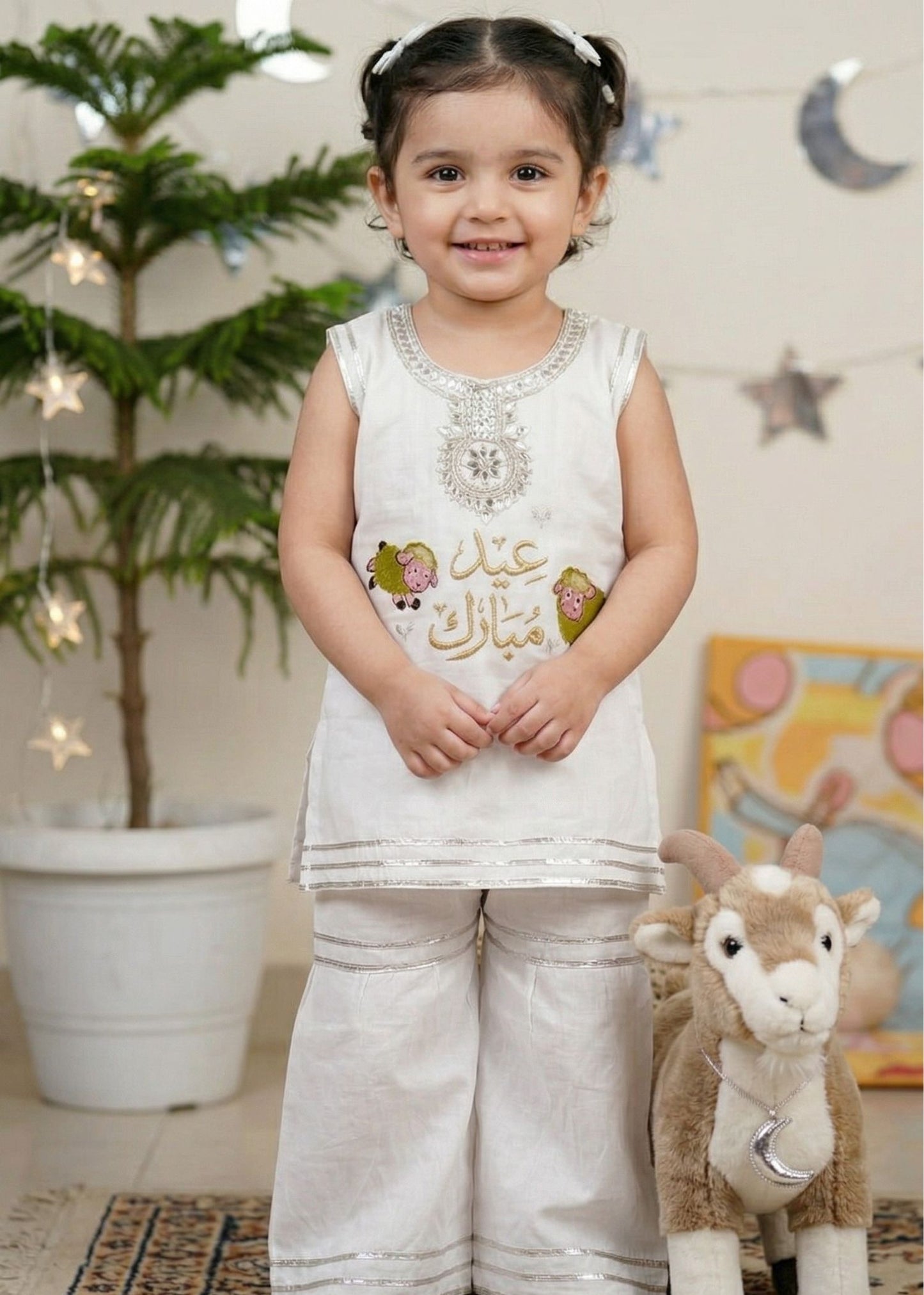 Elegant Pink Eid Mubarak Kids Suit with Silver Gotta Work
