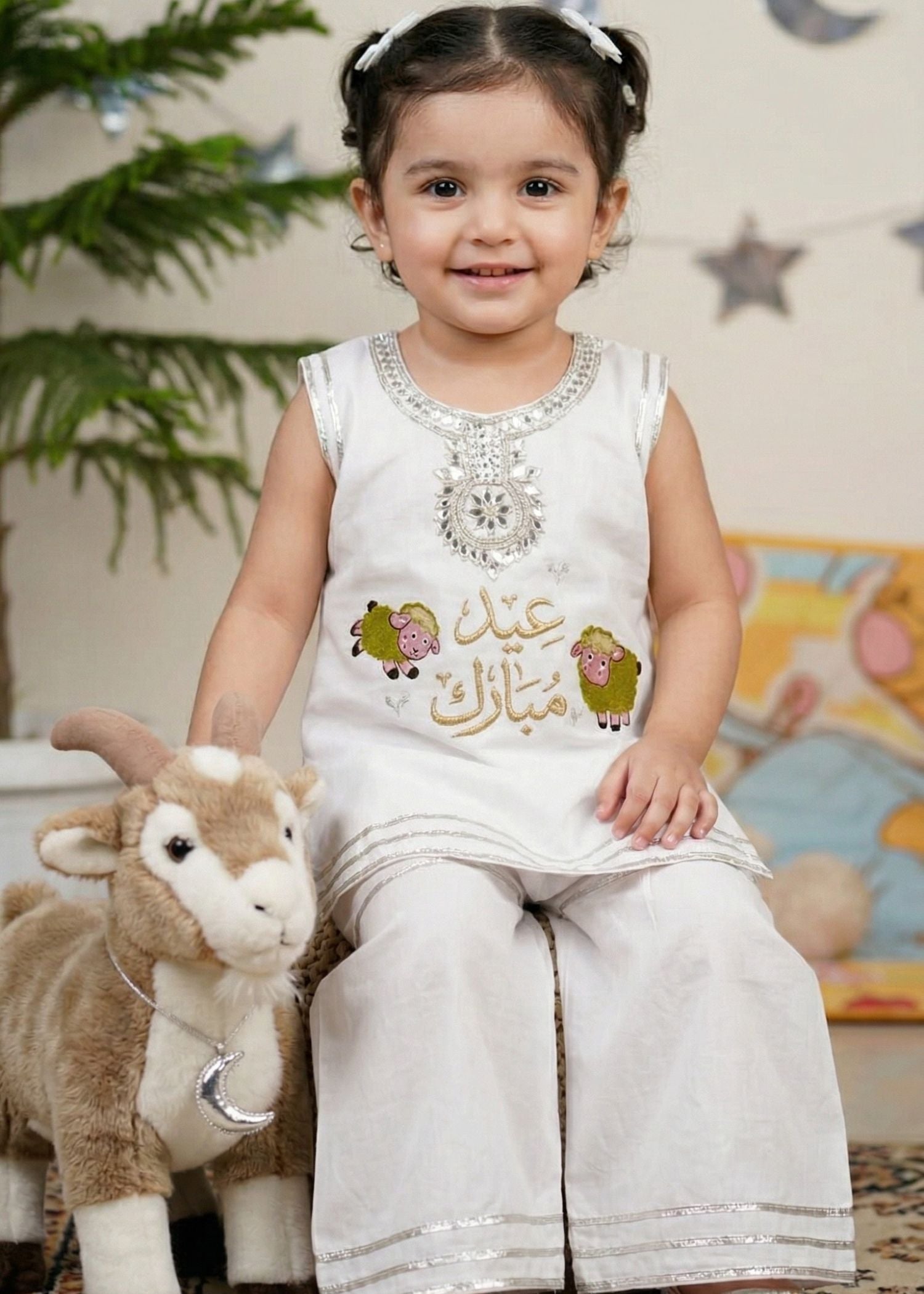 Elegant Pink Eid Mubarak Kids Suit with Silver Gotta Work