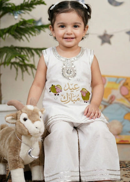 Elegant Pink Eid Mubarak Kids Suit with Silver Gotta Work