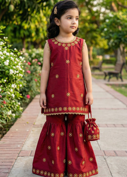 Girls Red Lawn Silk Garara Set with Gold Embroidery | Kids  eid Festive Wear