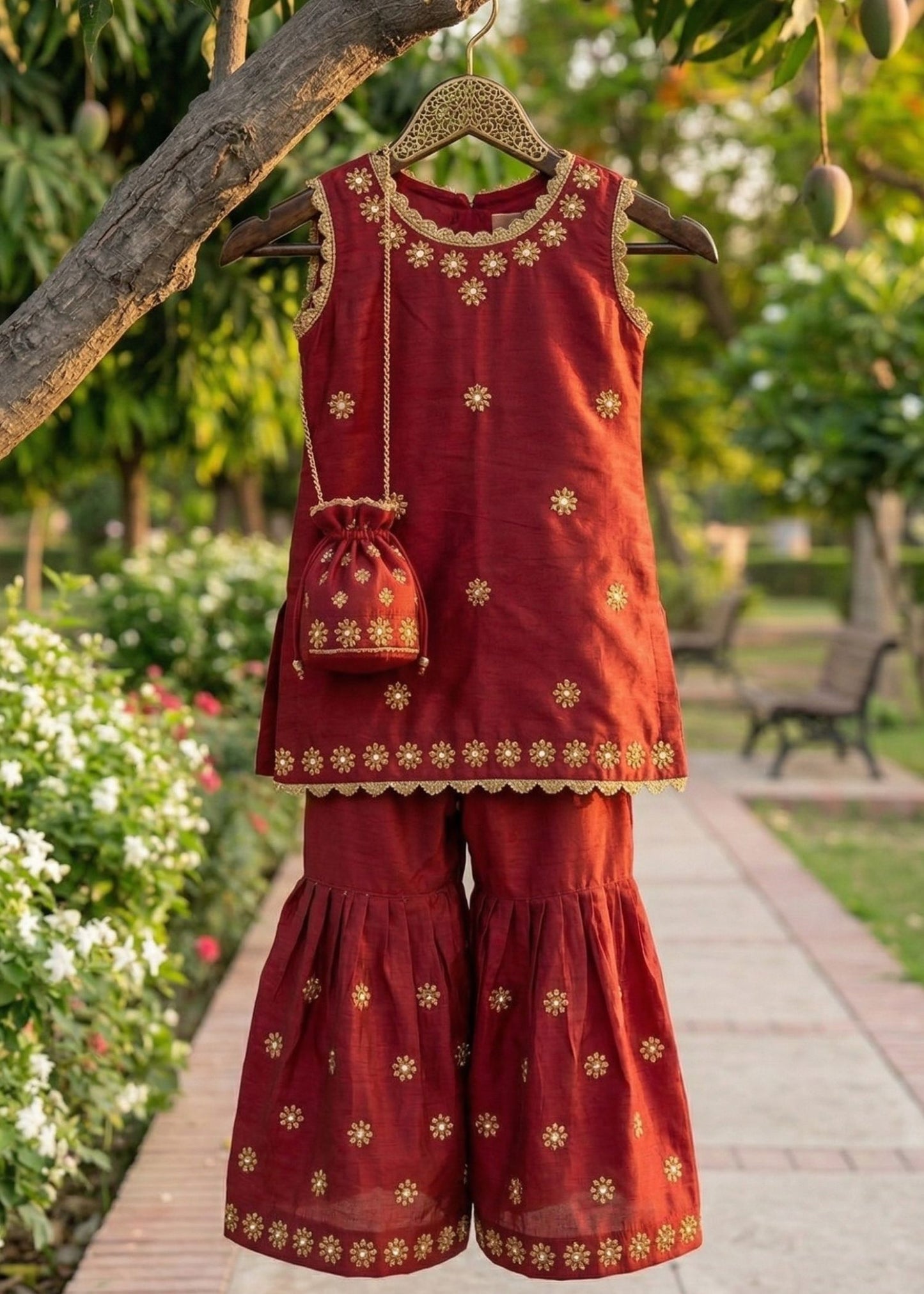 Girls Red Lawn Silk Garara Set with Gold Embroidery | Kids  eid Festive Wear