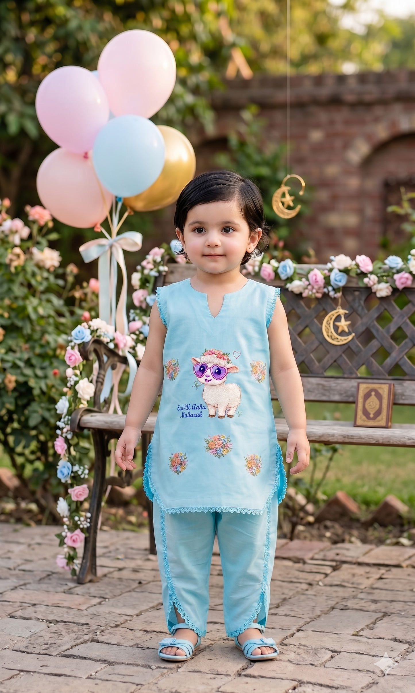Girls sky blue Lawn Cotton Eid ul Adha Suit | Cute Sheep Print & Tulip Pants