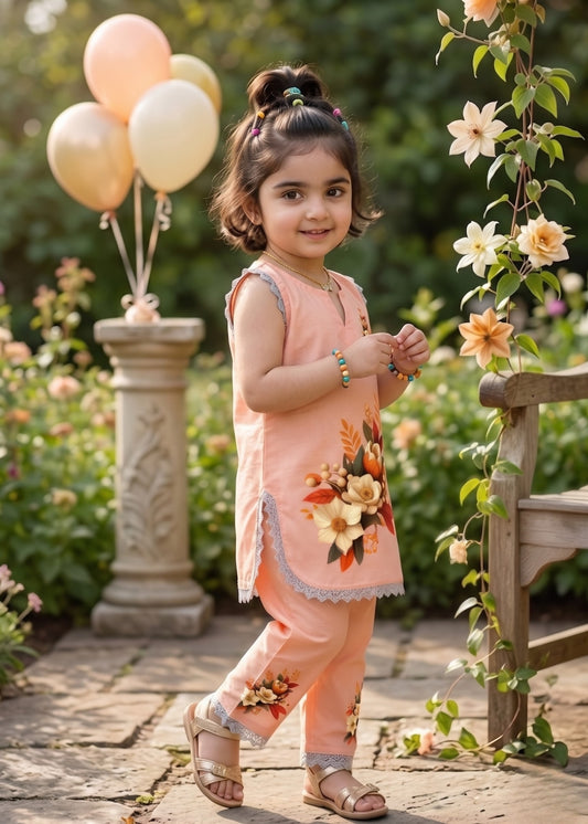 Adorable peach print Dress for Girls | Floral Print & pajama