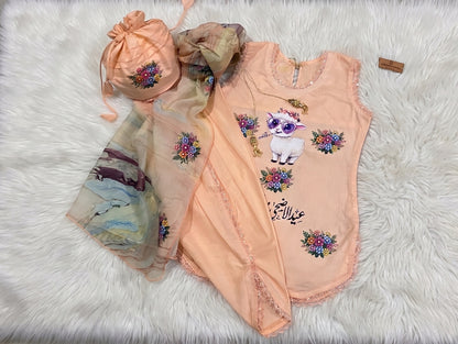 Girls peach  Lawn Cotton Eid ul Adha Suit | Cute Sheep Print & Tulip Pants