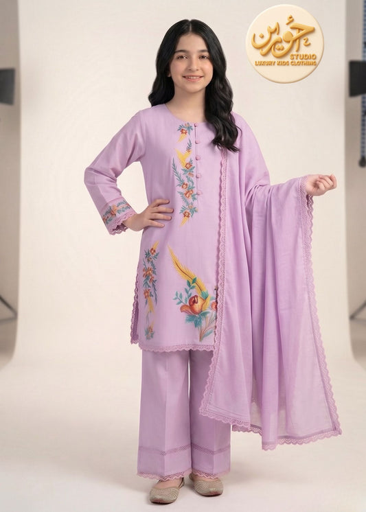 Girls lilac Premium Lawn Cotton 3PC Suit with Chiffon Dupatta – Printed Eid Dress