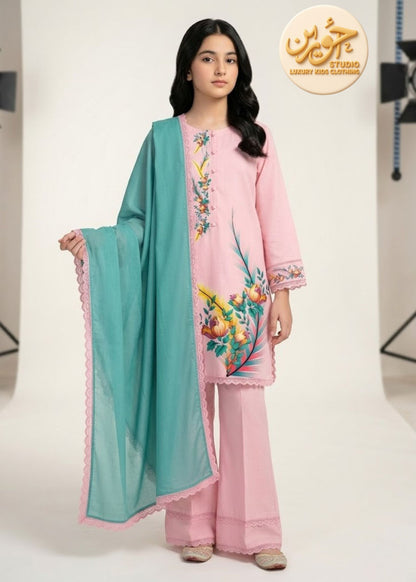 Girls Pink Premium Lawn Cotton 3PC Suit with Chiffon Dupatta – Printed Eid Dress