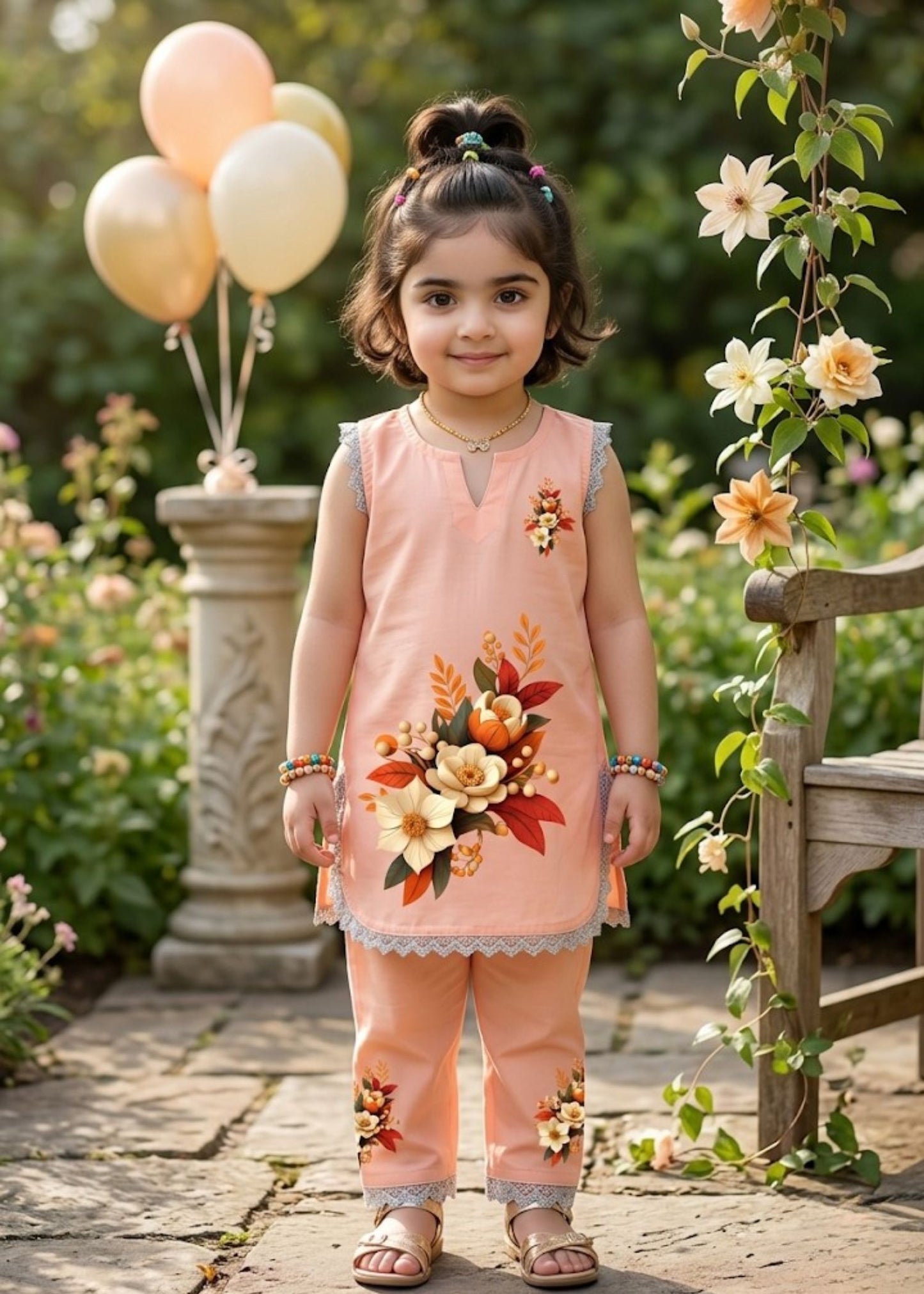 Adorable peach print Dress for Girls | Floral Print & pajama