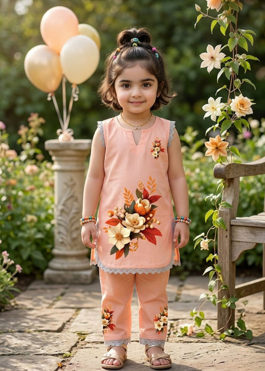 Adorable peach print Dress for Girls | Floral Print & pajama