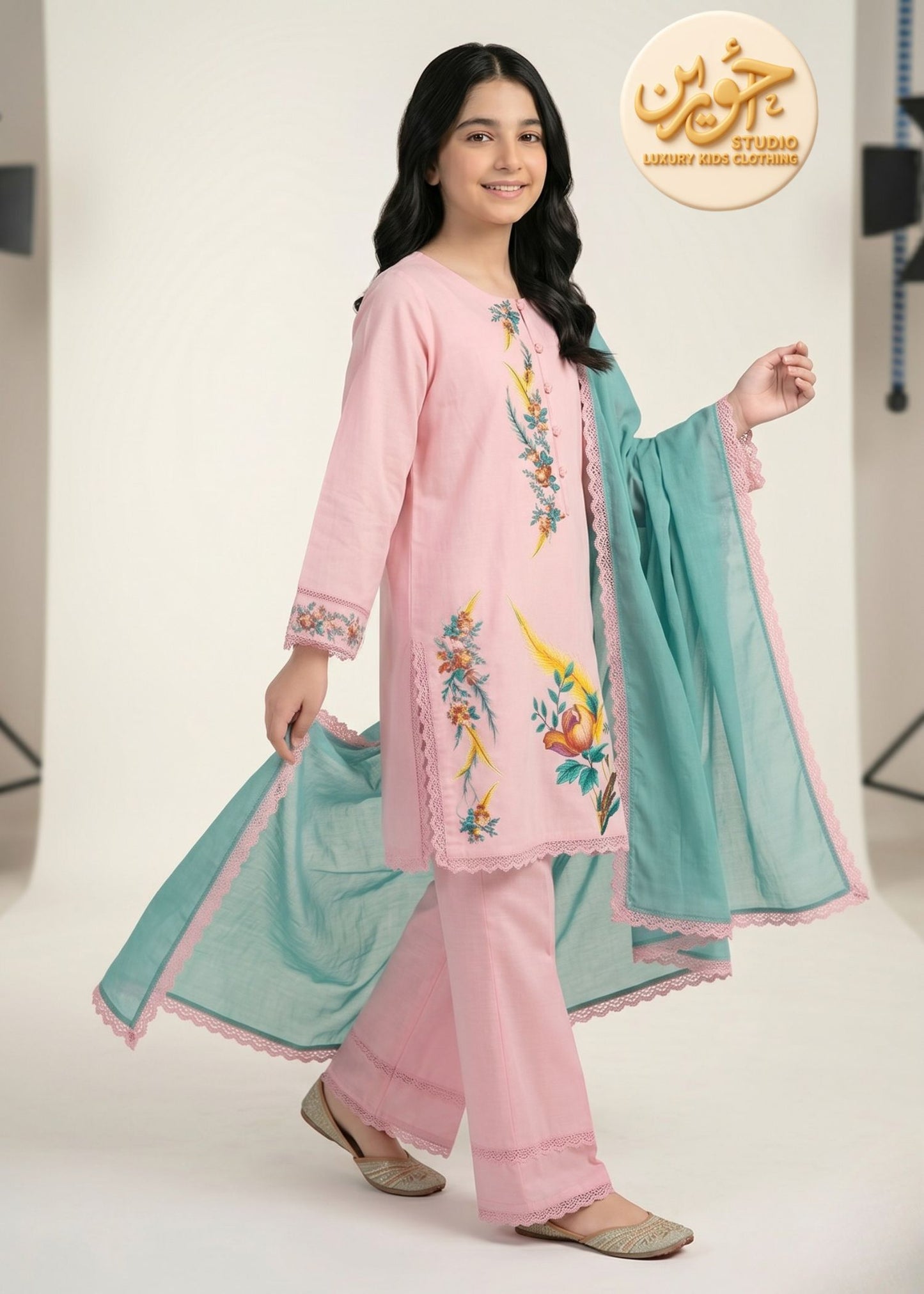 Girls Pink Premium Lawn Cotton 3PC Suit with Chiffon Dupatta – Printed Eid Dress