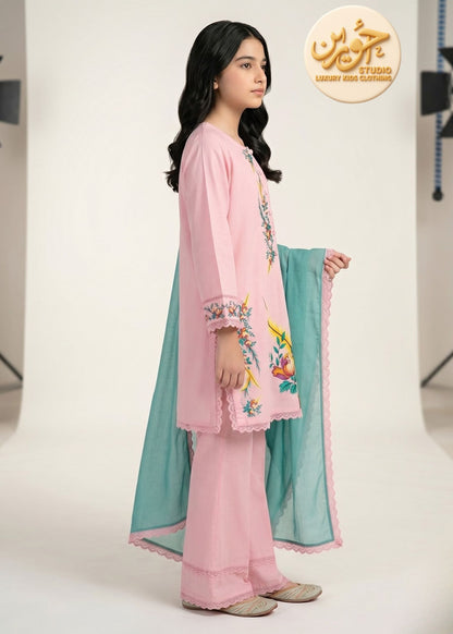 Girls Pink Premium Lawn Cotton 3PC Suit with Chiffon Dupatta – Printed Eid Dress