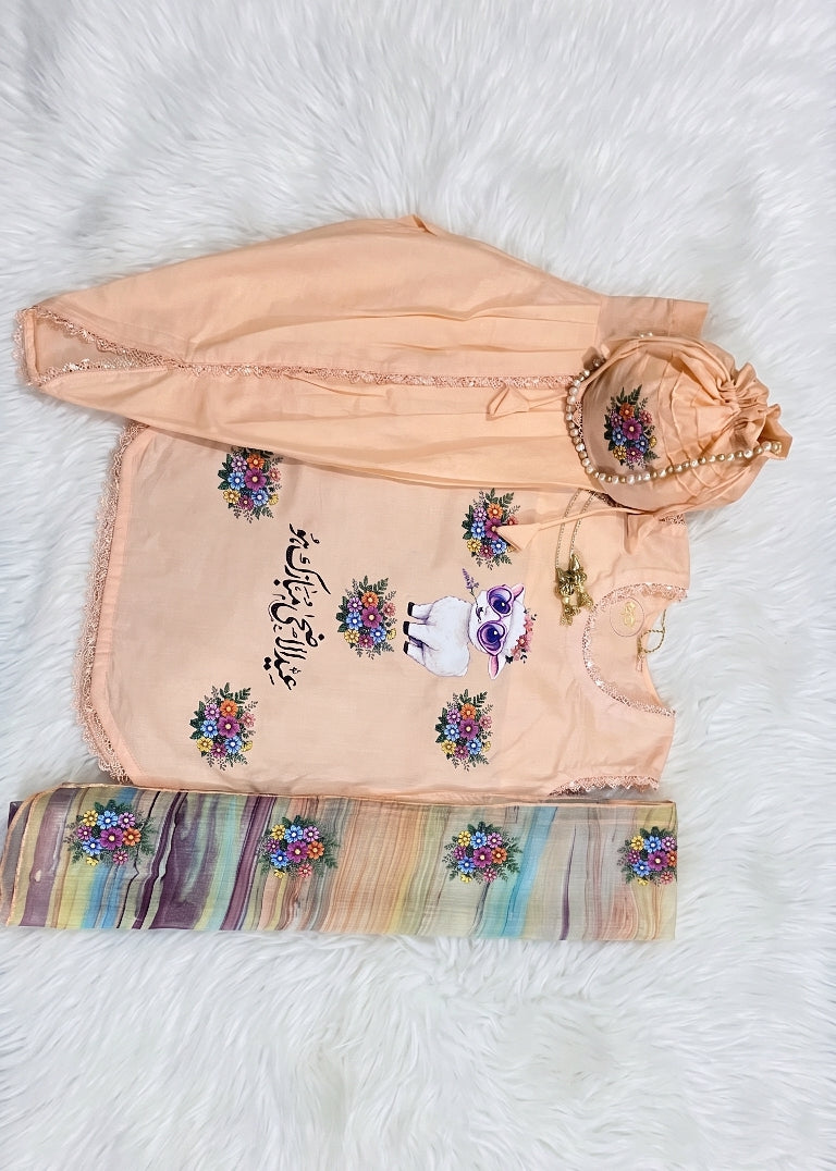 Girls peach  Lawn Cotton Eid ul Adha Suit | Cute Sheep Print & Tulip Pants